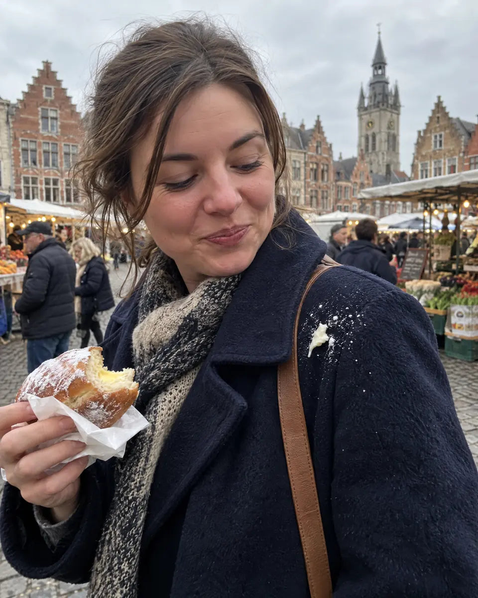 Vrouw eet een berlinerbol op de markt, met poedersuiker en room op haar jas