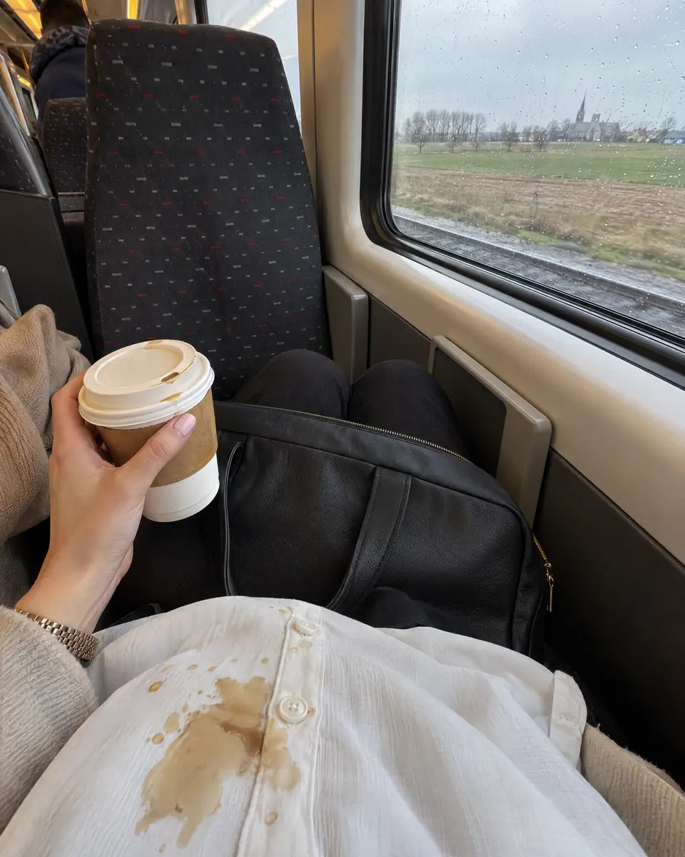Koffievlek op een witte blouse in de trein, met een koffiebeker in de hand